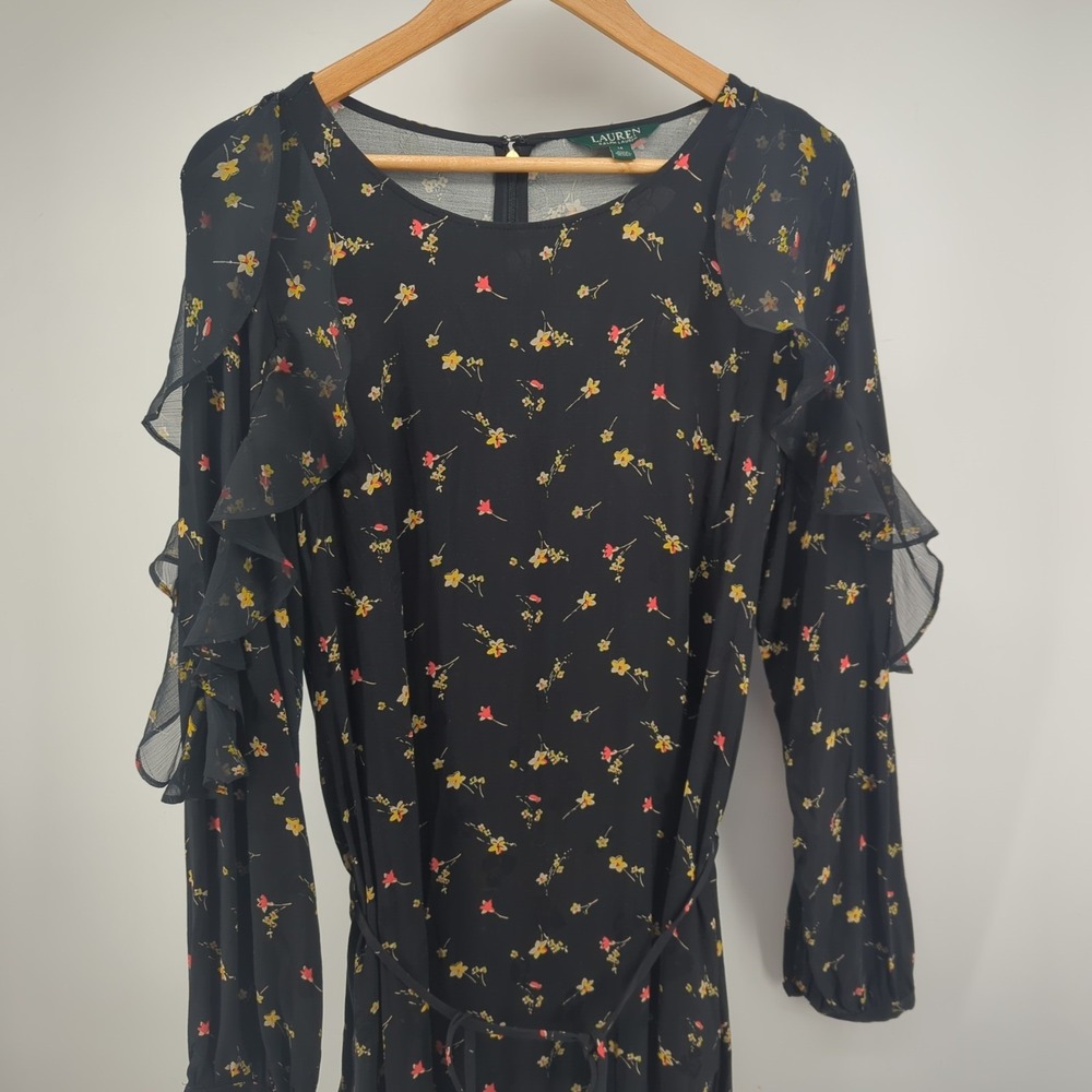 Lauren Ralph Lauren Floral Print Sheath Dress Size 14 Ruffled Long Style
